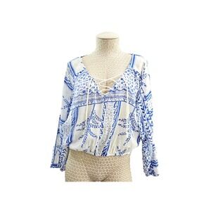 Free People Women's XS Yo Yo Geo Peasant Sheer Crepe Lace Up Blouse Top EUC